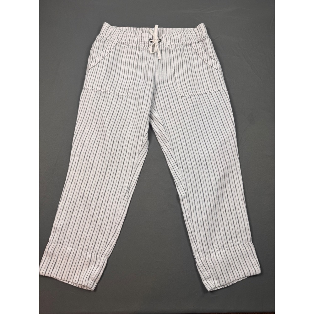 Athleta Women White Blue Striped 100% Linen Drawstring Pants Size 8 Summer